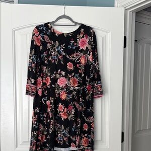 LOFT A-line Dress Orange Pink 3/4 Sleeve Crew Neck Women’s Sz M